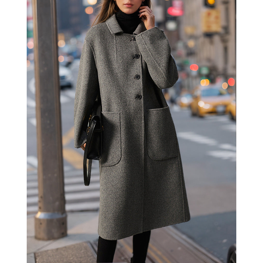 Women's Elegant Wool Coat with High Pockets and Classic Lapels NOVAE