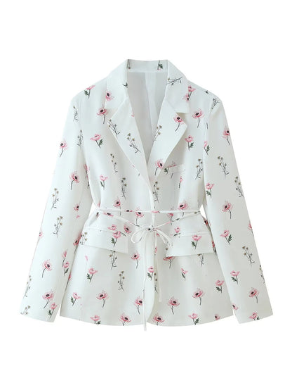 Women's tailored blazer with floral pattern and tie belt NOVAE
