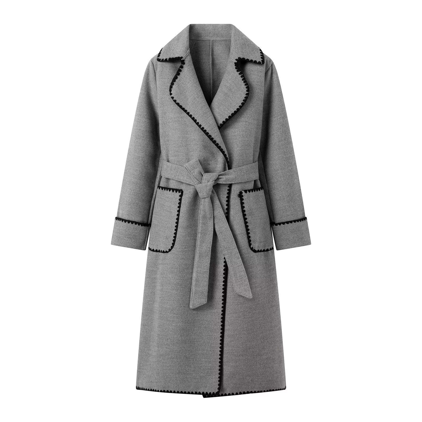 Women's elegant long coat with adjustable belt and contrasting seams NOVAE
