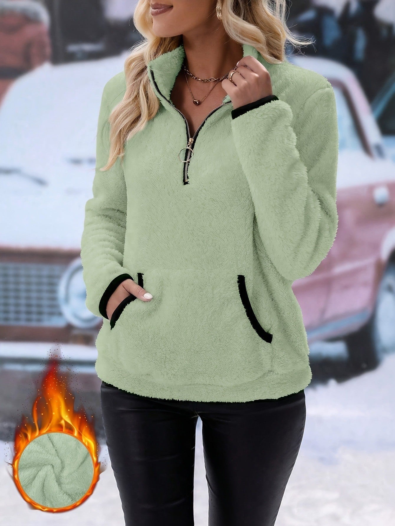 Women's fleece pullover with contrasting pockets and zipper NOVAE