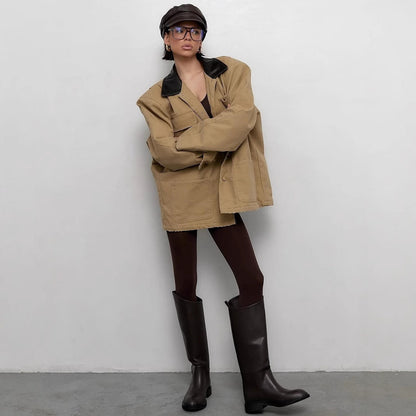 Women's casual oversized jacket with leather collar and practical pockets NOVAE