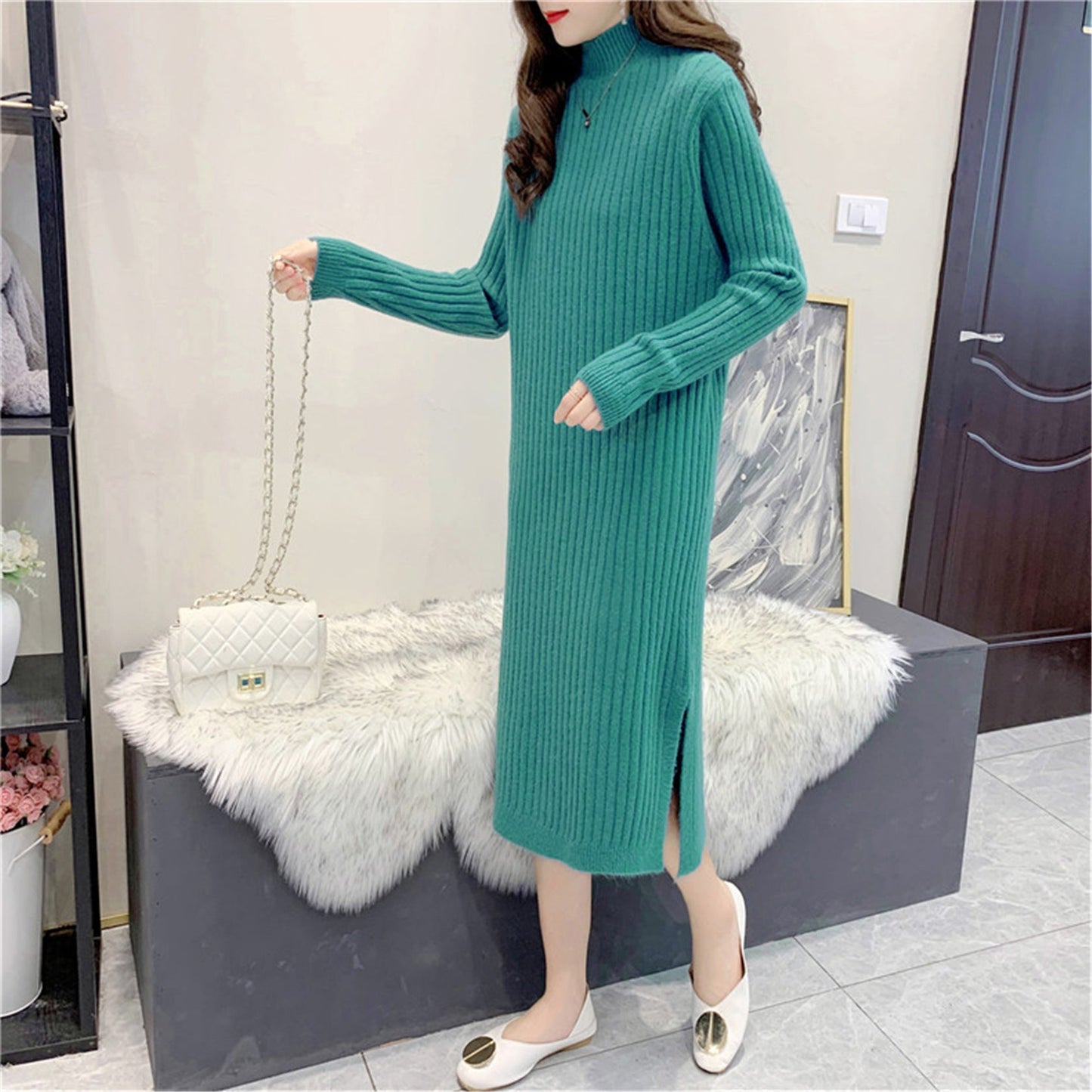 Women's knitted maxi dress with high collar and fine rib texture NOVAE