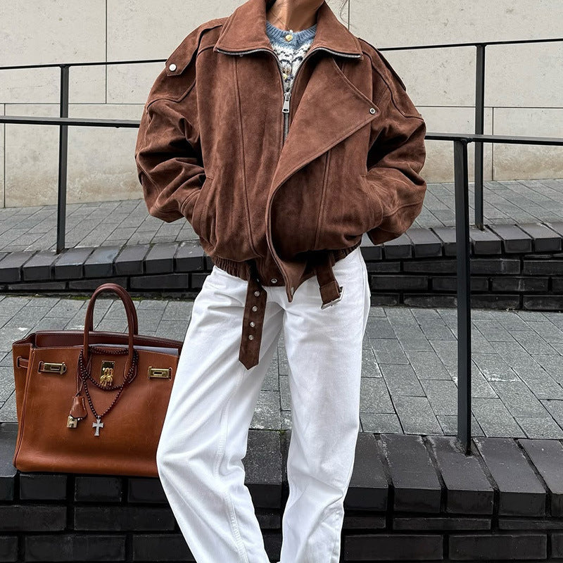 Women's casual oversized leather jacket with practical pockets NOVAE