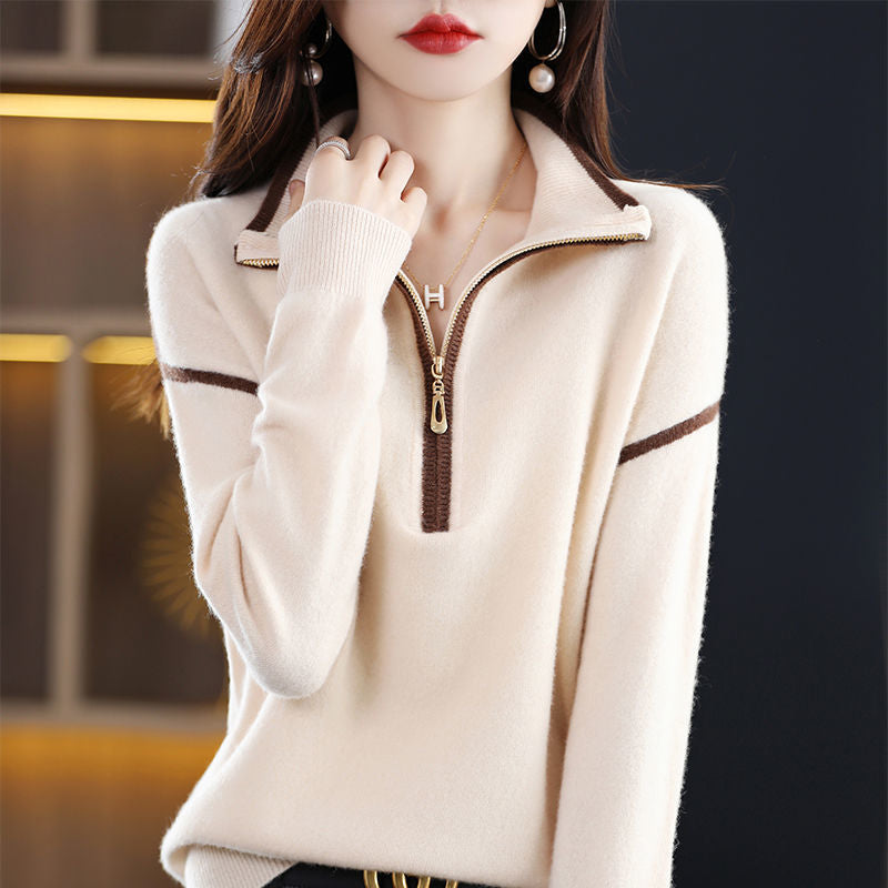 Women's pullover with half zipper and fine textured knit NOVAE