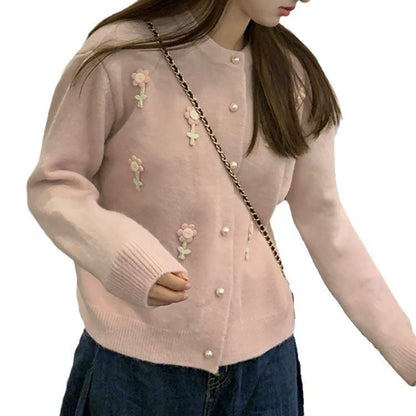 Women's cardigan with artistic floral appliqués and elegant pearl buttons NOVAE