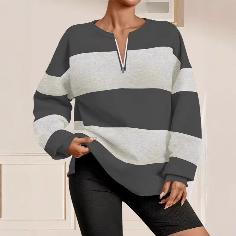 Women's long-sleeved sweatshirt with modern zipper and striped design NOVAE