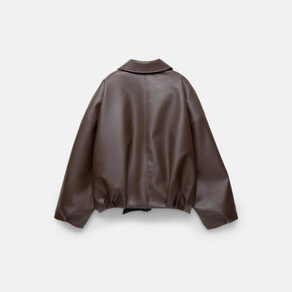 Women's casual faux leather jacket with wide collar and belt NOVAE