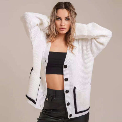 Women's chunky knit cardigan with large pockets and decorative button NOVAE