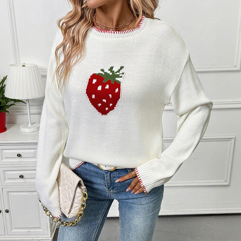 Women's knitted sweater with a fruity strawberry motif and a relaxed fit NOVAE