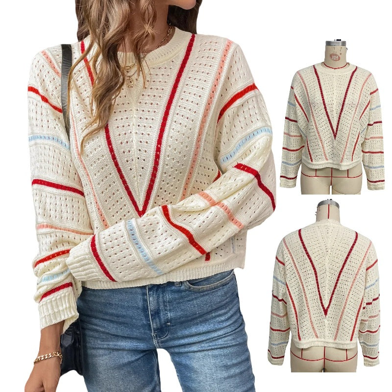 Women's knit sweater with a generous openwork pattern and colorful accents NOVAE