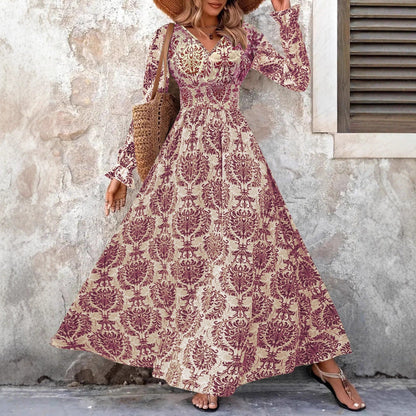 Women's long maxi dress with floral jacquard pattern and voluminous sleeves NOVAE