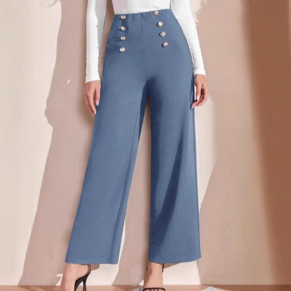 Women's High-Waisted Wide Leg Trousers with Decorative Buttons NOVAE