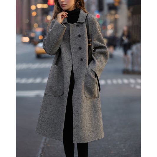 Women's Elegant Wool Coat with High Pockets and Classic Lapels NOVAE