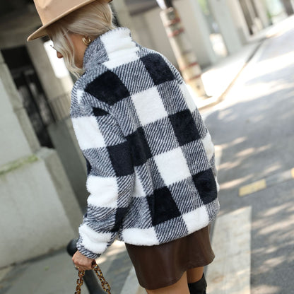 Women's plush pullover with check pattern and high collar NOVAE