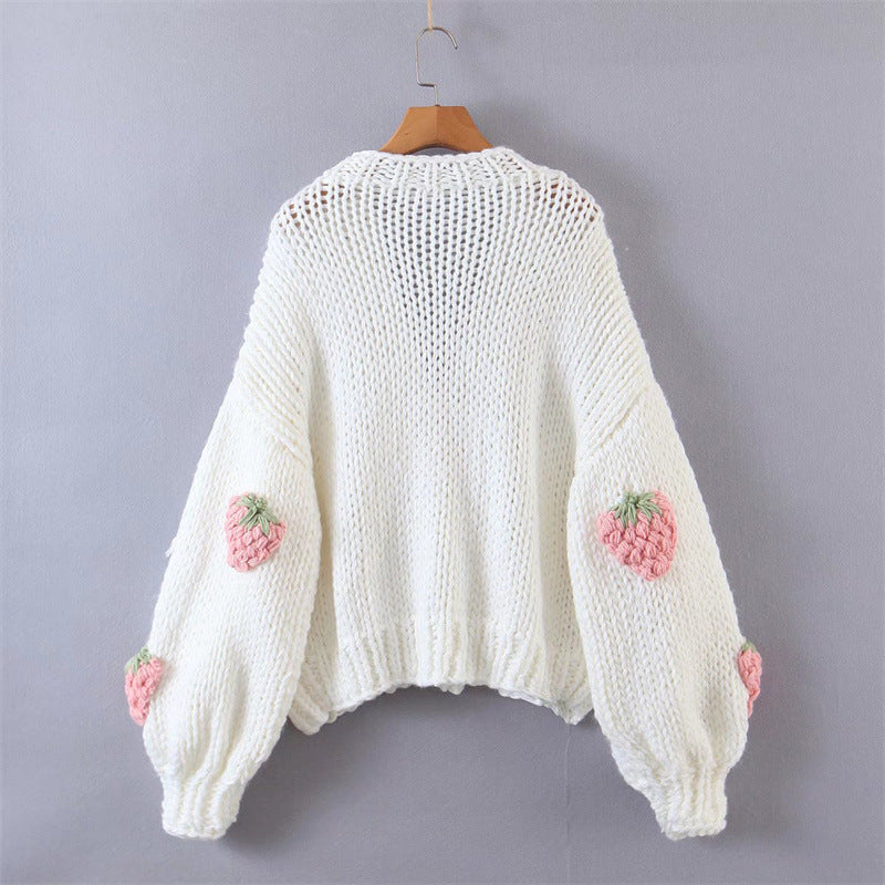 Women's cardigan with strawberry appliqués and button closure NOVAE