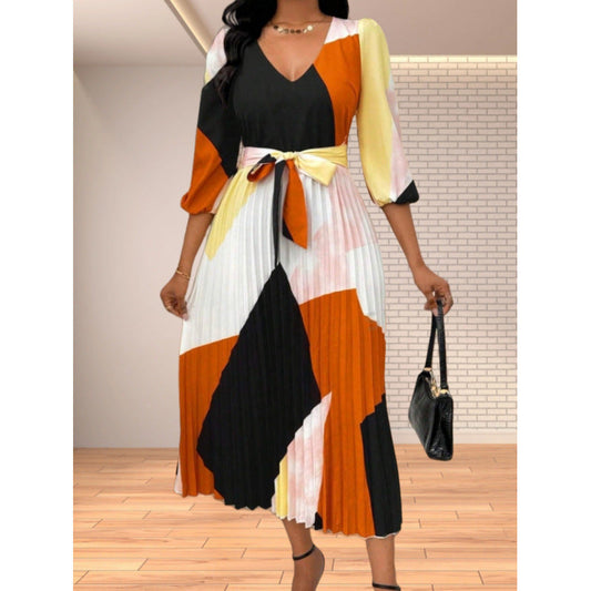 Women's pleated midi dress with V-neck and colorful pattern NOVAE