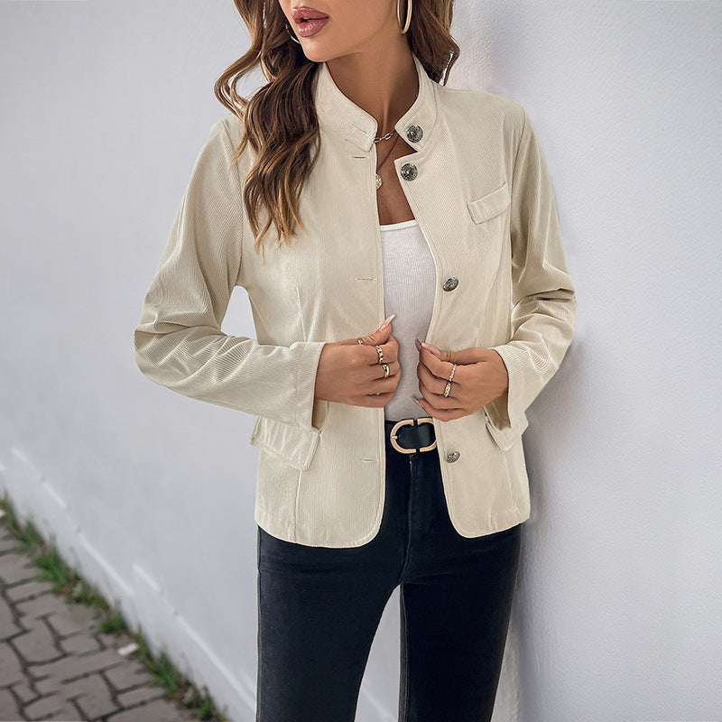 Women's fashionable blazer jacket with stand-up collar and snap button closure NOVAE