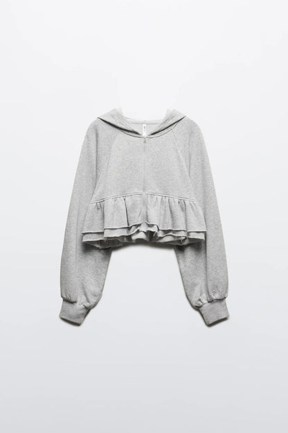 Women's cropped hooded jacket with playful ruffle design NOVAE