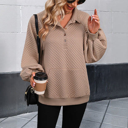 Women's oversized pullover with textured waffle pattern and button placket NOVAE