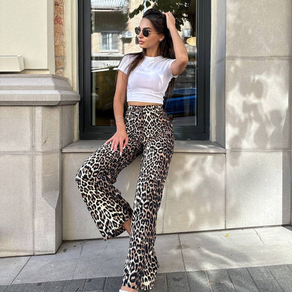 Women's wide-leg leopard-print denim trousers with elasticated waistband NOVAE