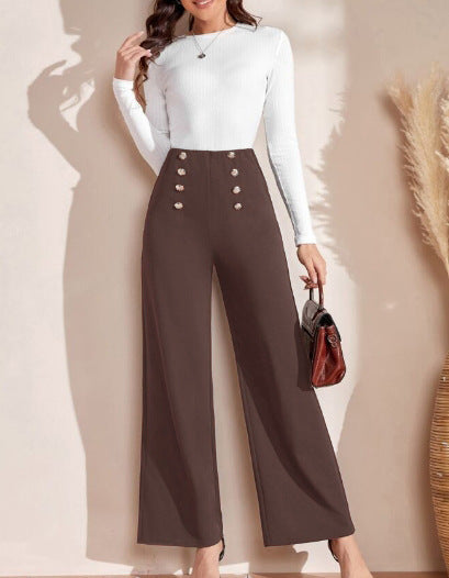 Women's High-Waisted Wide Leg Trousers with Decorative Buttons NOVAE