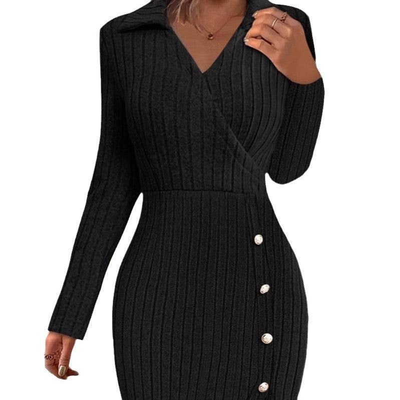 Women's knitted dress with V-neck and button details NOVAE