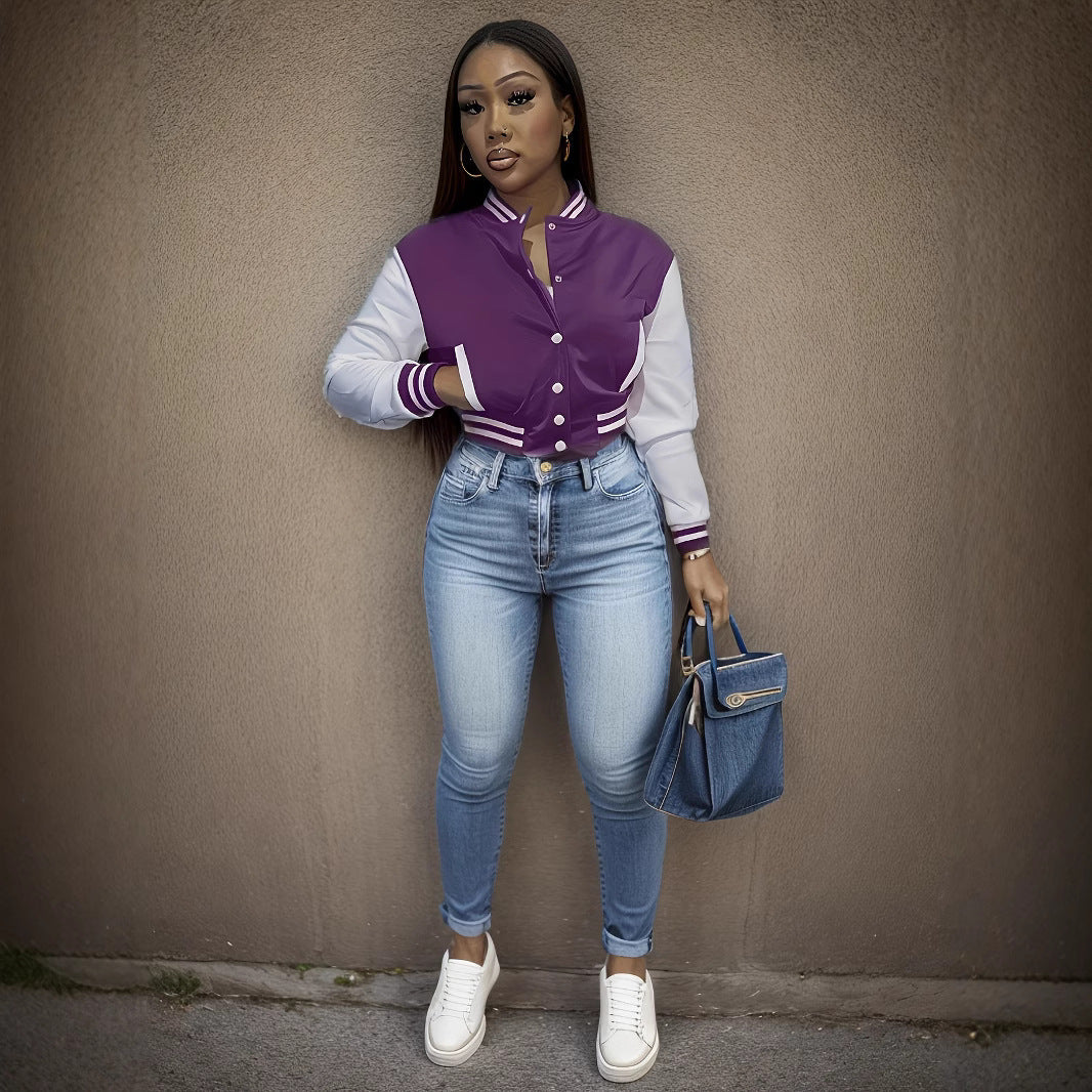 Women's varsity jacket with contrasting sleeves and structured collar NOVAE