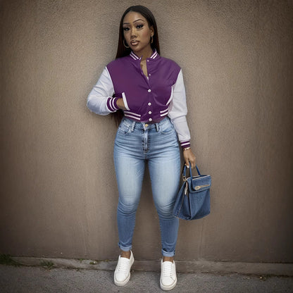 Women's varsity jacket with contrasting sleeves and structured collar NOVAE