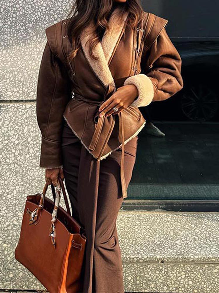 Women's Long Suede Coat with Adjustable Belt and Fashionable Collar NOVAE