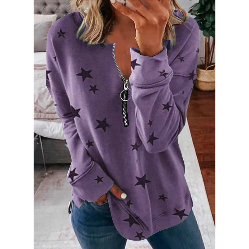 Women's Casual Sweatshirt with Zipper and Star Motif NOVAE