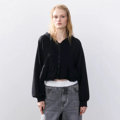Women's cropped hooded jacket with playful ruffle design NOVAE