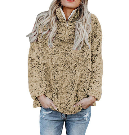 Women's Fluffy Fleece Pullover Jacket with High Collar and Zipper NOVAE