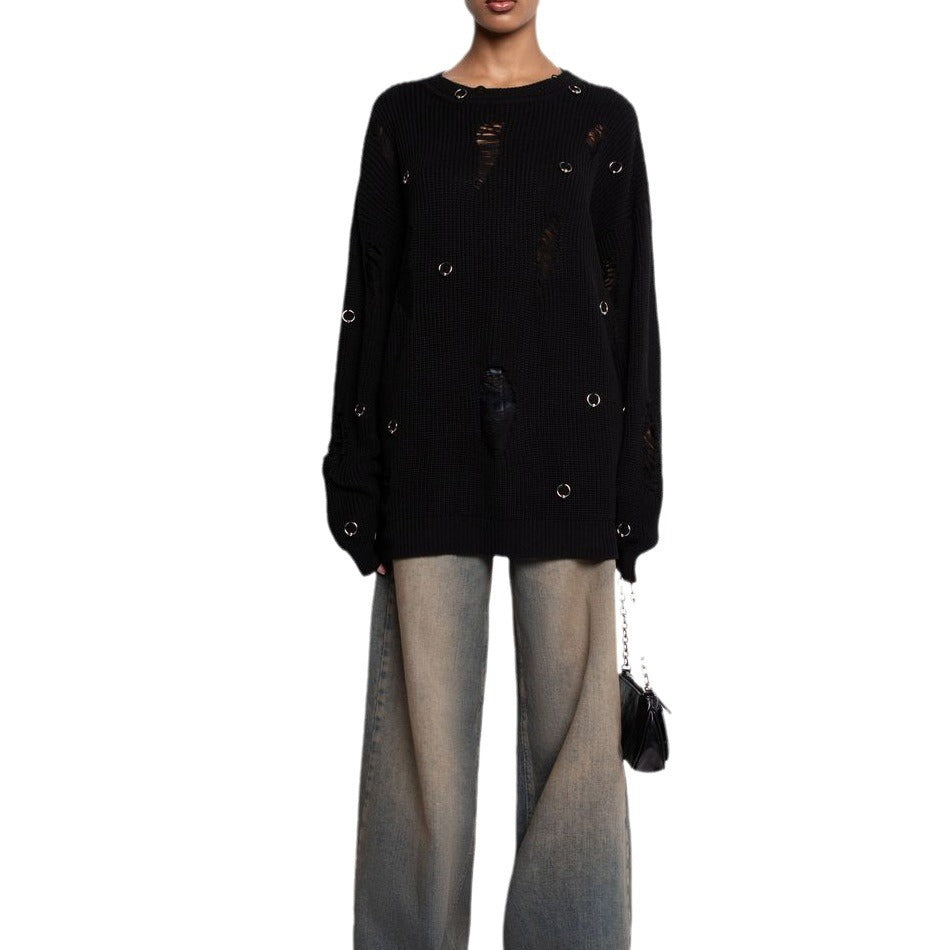 Women's casual sweater with fashionable ripped details and jewelry appliqués NOVAE