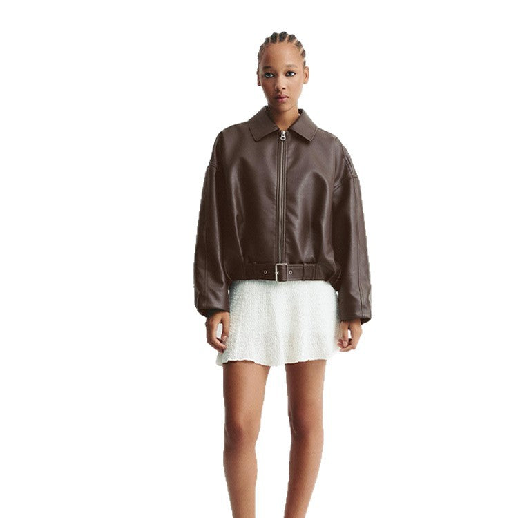 Women's fashionable faux leather jacket with a wide cut and waist belt NOVAE