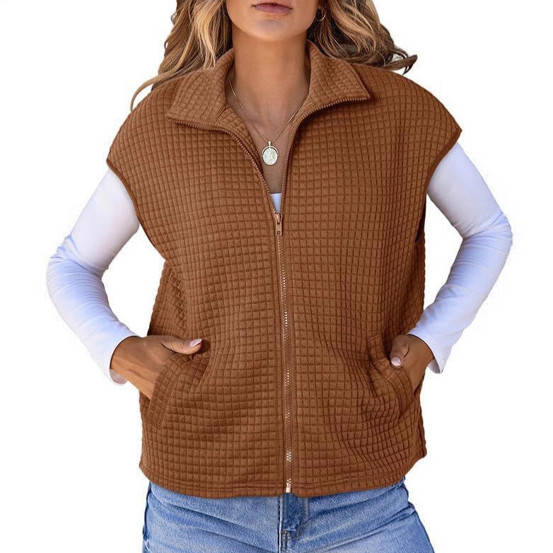 Women's Lightweight Waffle Knit Vest with Pockets and Stand-Up Collar NOVAE