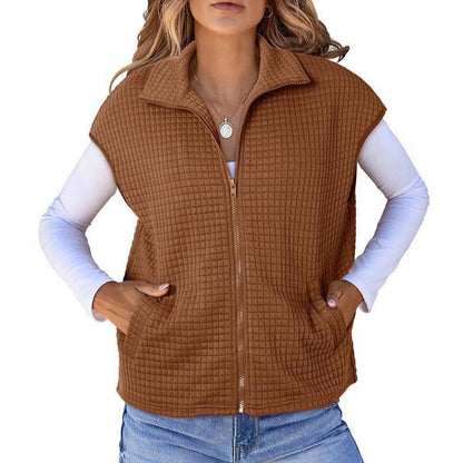 Women's Lightweight Waffle Knit Vest with Pockets and Stand-Up Collar NOVAE