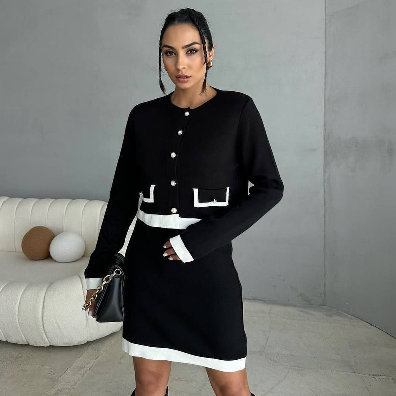 Women's elegant cardigan dress with contrasting details NOVAE