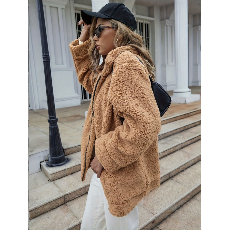 Women's Cozy Fleece Jacket with High Collar and Zipper NOVAE