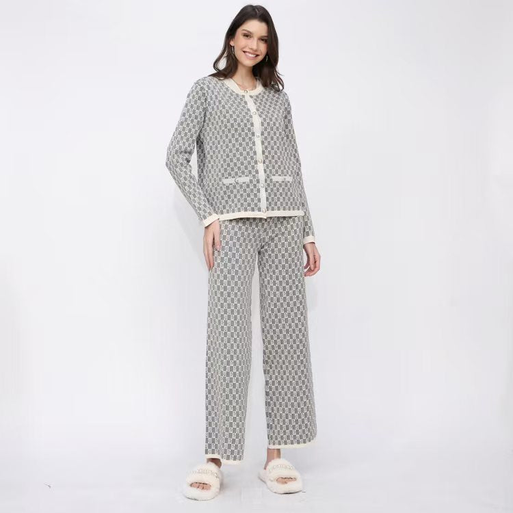 Women's pajama set with modern check pattern and full button placket NOVAE
