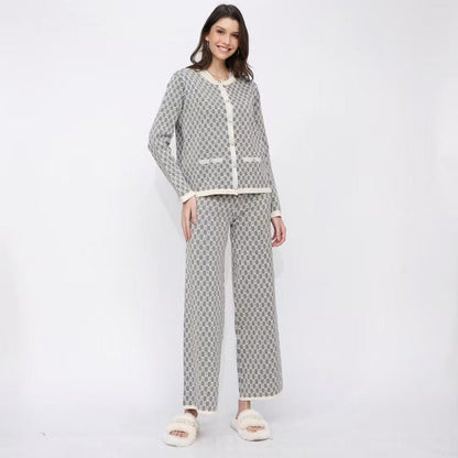 Women's pajama set with modern check pattern and full button placket NOVAE