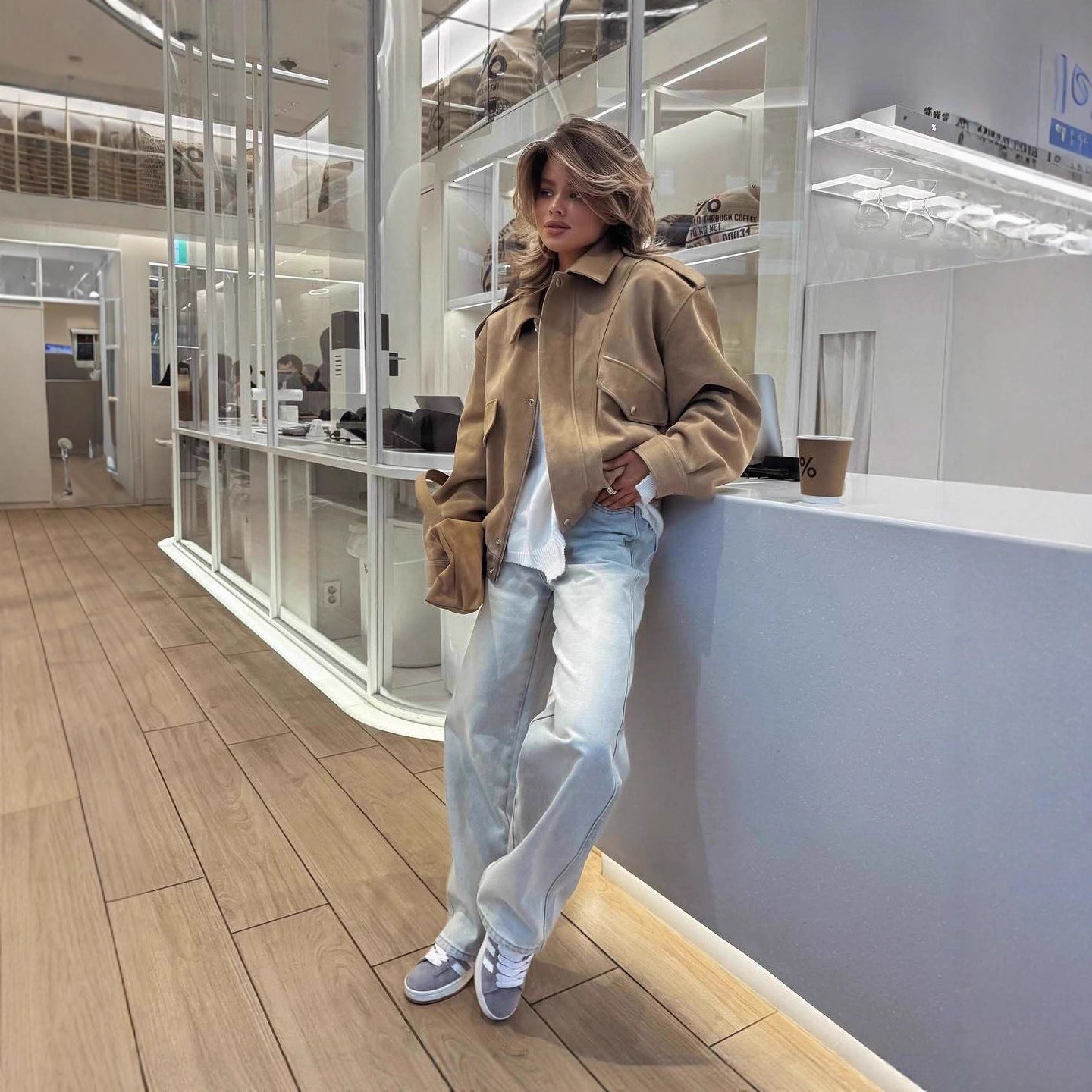 Women's casual suede jacket with practical pockets and elasticated waistband NOVAE