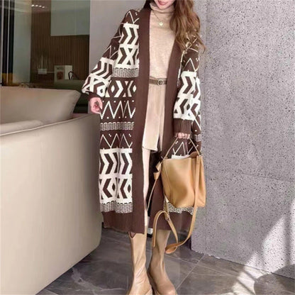 Women's Long Cardigan with Graphic Design and Deep Pockets NOVAE