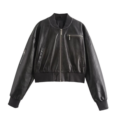Women's leather bomber jacket with innovative zipper details NOVAE