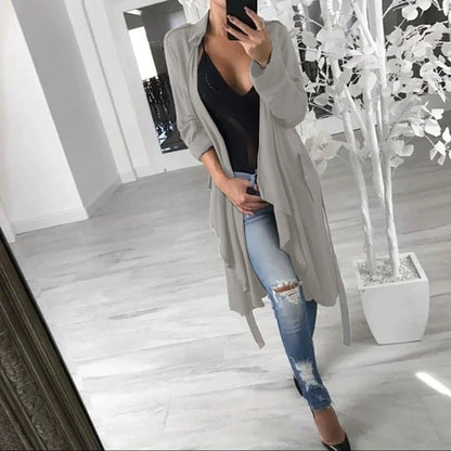 Women's elegant wrap cardigan made of soft fabric with a long cut and practical pockets NOVAE