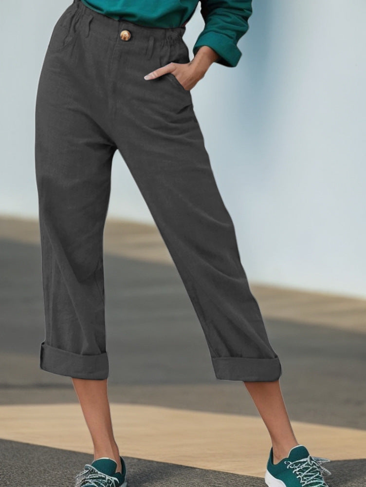 Women's Elegant Linen Trousers with Wide Leg and Turn-Up Hem NOVAE