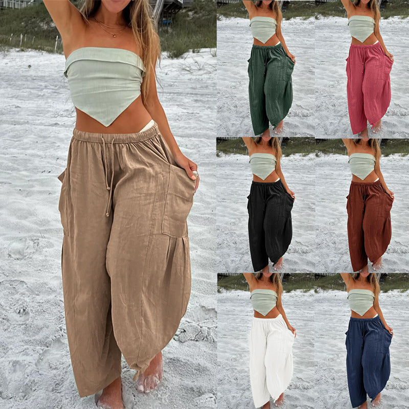 Women's wide and comfortable summer trousers with elasticated waistband and practical pockets NOVAE