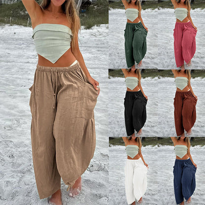 Women's wide and comfortable summer trousers with elasticated waistband and practical pockets NOVAE