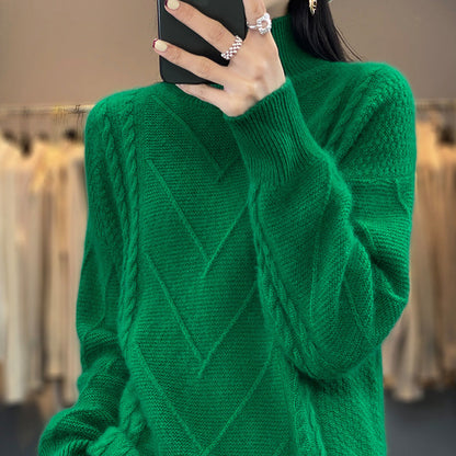 Women's chunky knit sweater with innovative cable pattern and high stand-up collar NOVAE