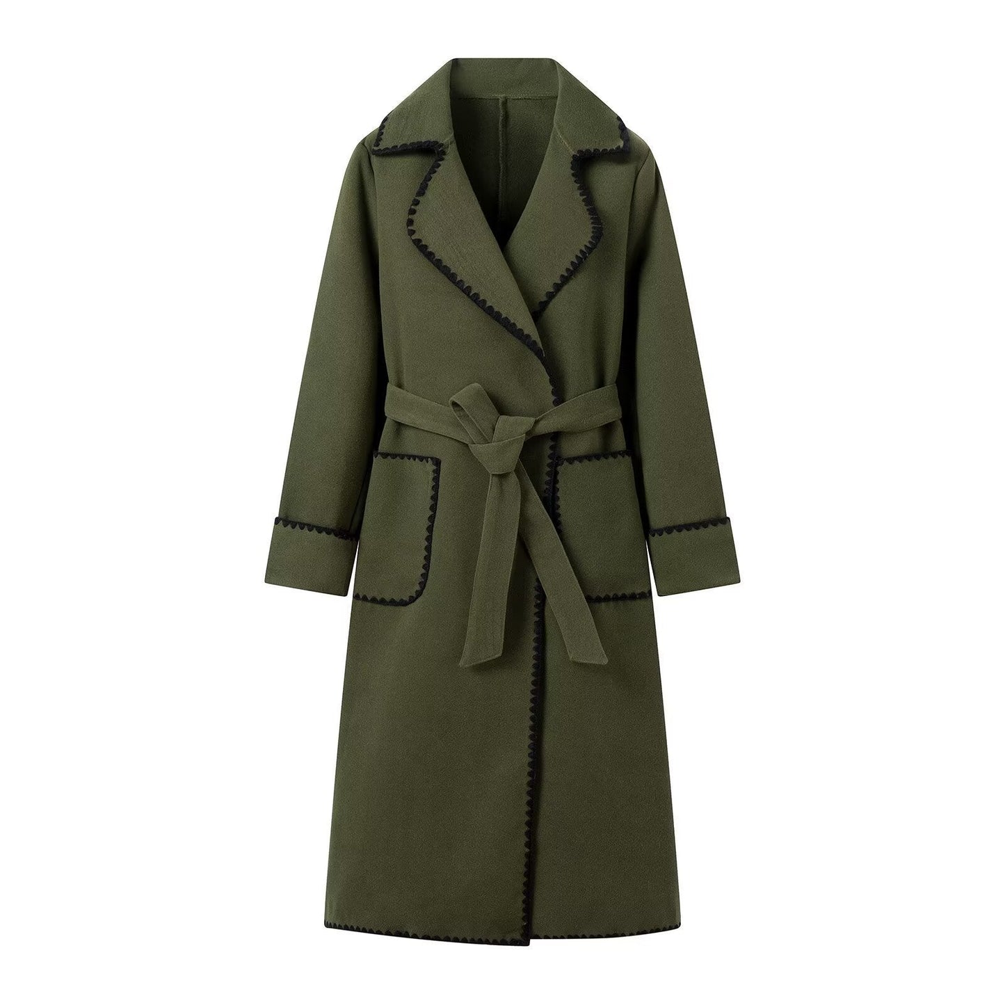 Women's elegant long coat with adjustable belt and contrasting seams NOVAE