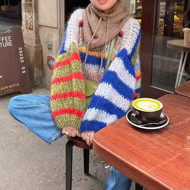 Women's Cozy Knit Sweater with Wide Flared Sleeves and Colorful Stripe Pattern NOVAE
